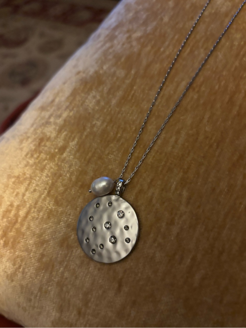 Stella & Dot Silver Disc Necklace with Pearl and Crystal Accents